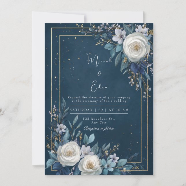 Elegant Navy Blues Floral Wedding Einladung (Vorderseite)