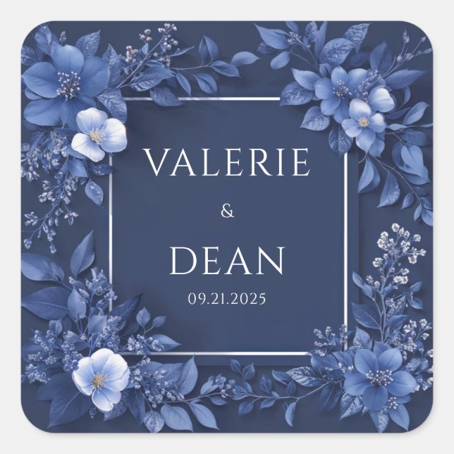 Elegant Navy Blues Floral Wedding Quadratischer Aufkleber (Vorderseite)