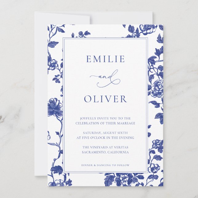 Elegant Navy Blues Toile Hochzeit Einladung (Vorderseite)