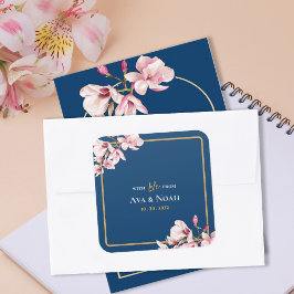 Elegant Navy Blush Pink Magnolia Floral Wedding Quadratischer Aufkleber