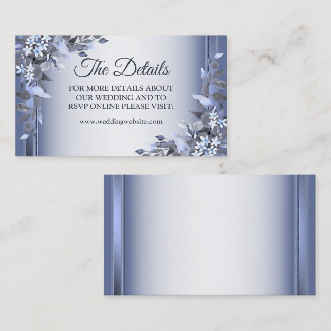Elegant Navy Blütenblütensilber Hochzeitsdetails Begleitkarte (Vorne/Hinten)