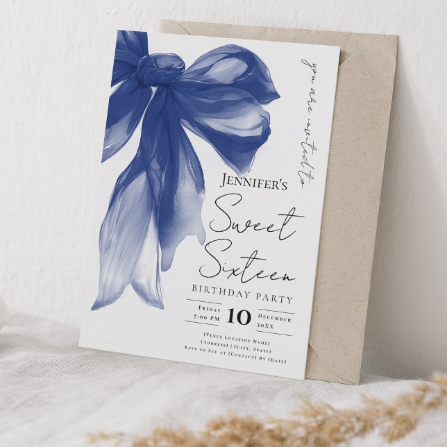 Elegant Navy Bow Coquette Script Sweet 16 Party  Einladung (Elegant Navy Bow Coquette Script Sweet 16 Party Invitation)