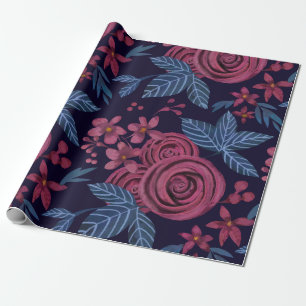Elegant Navy Burgundy Floral Watercolo Geschenkpapier