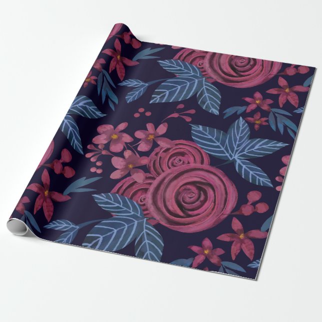 Elegant Navy Burgundy Floral Watercolo Geschenkpapier (Ungerollt)