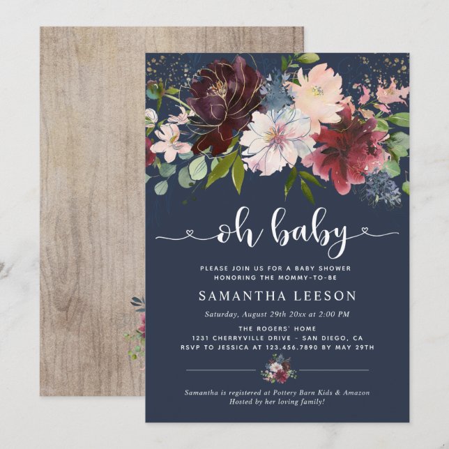 Elegant Navy Burgundy Florals Baby Shower Einladung (Vorne/Hinten)