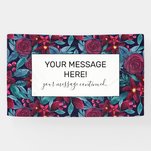 Elegant Navy Burgundy Weihnachten Floral Wasserfar Banner (Horizontal)
