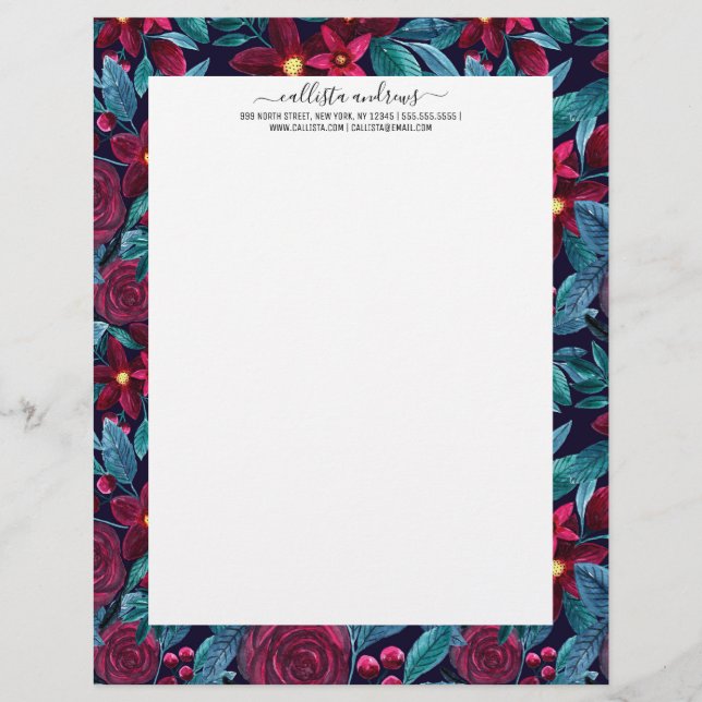 Elegant Navy Burgundy Weihnachten Floral Wasserfar Briefbogen (Vorderseite)