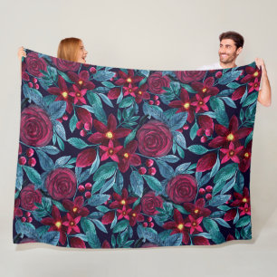 Elegant Navy Burgundy Weihnachten Floral Wasserfar Fleecedecke