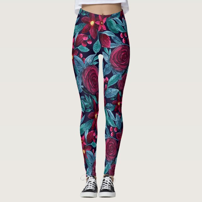 Elegant Navy Burgundy Weihnachten Floral Wasserfar Leggings (Vorderseite)