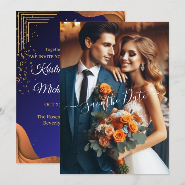 Elegant Navy & Burnt Orange | FOTO SAVE THE DATE Einladung (Vorne/Hinten)