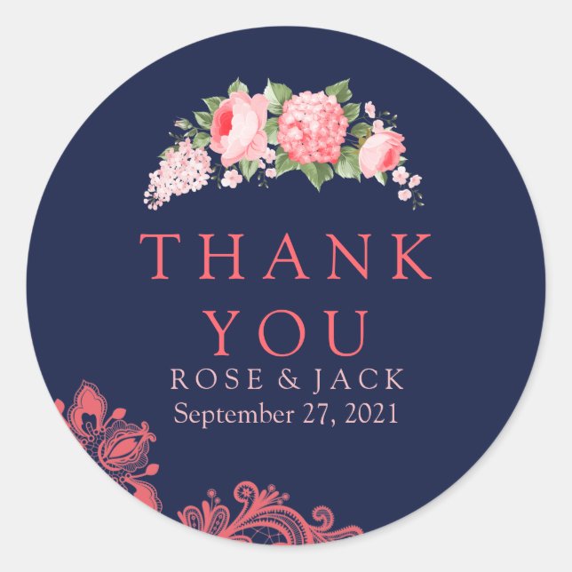 Elegant Navy & Coral Lace Danke Stickers (Vorderseite)