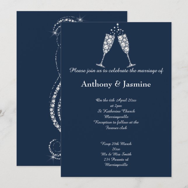 ELEGANT NAVY DIAMOND SWIRL CHAMPAGNE GLASS WEDD EINLADUNG (Vorne/Hinten)