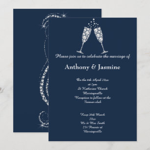 ELEGANT NAVY DIAMOND SWIRL CHAMPAGNE GLASS WEDD EINLADUNG