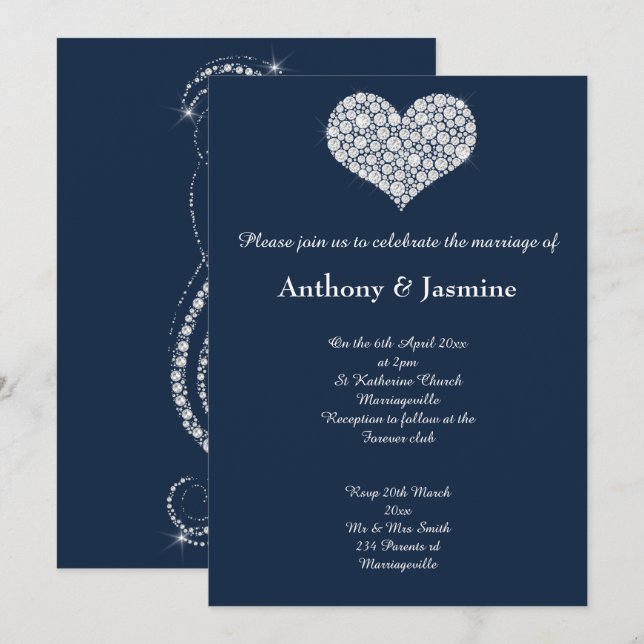ELEGANT NAVY DIAMOND SWIRL HEART WEDD EINLADUNG (Vorne/Hinten)