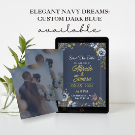 Elegant Navy Dreams: Custom Dark Blue With Photo Einladung