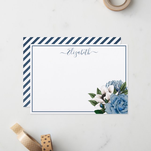 Elegant Navy & Dusty Blue Floral Personalisiert Mitteilungskarte (Vorderseite/Rückseite Beispiel)