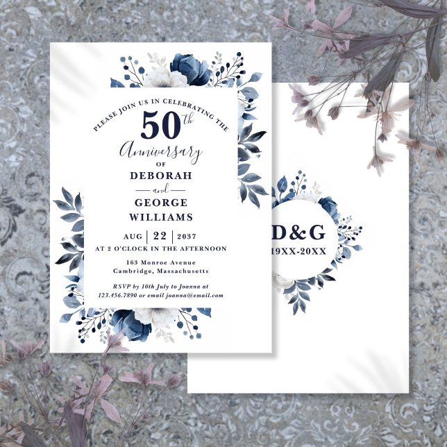 Elegant Navy Floral 50. Hochzeitstag Einladung (Von Creator hochgeladen)