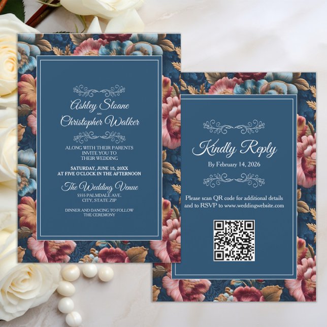 Elegant Navy Floral Teal RSVP QR code Wedding Einladung (Teal peach floral velvet wedding invitation/rsvp combo with QR code)