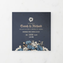 Elegant Navy Floral Tri Fold Einladung