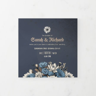 Elegant Navy Floral Tri Fold Einladung