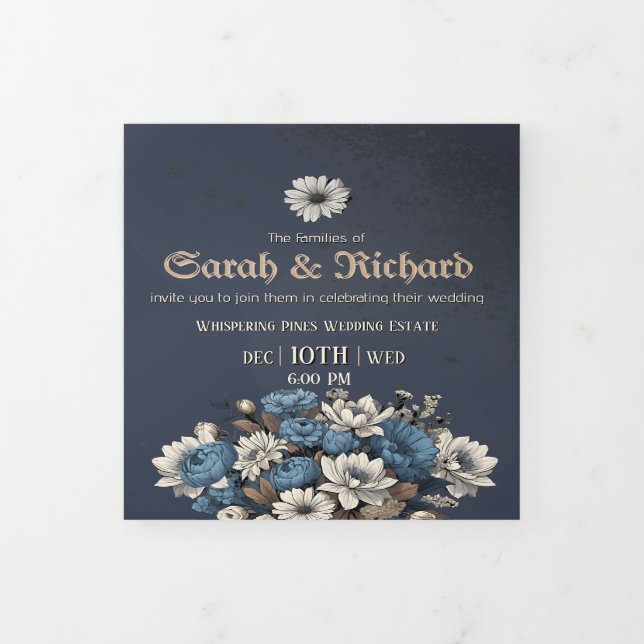 Elegant Navy Floral Tri Fold Einladung (Cover)