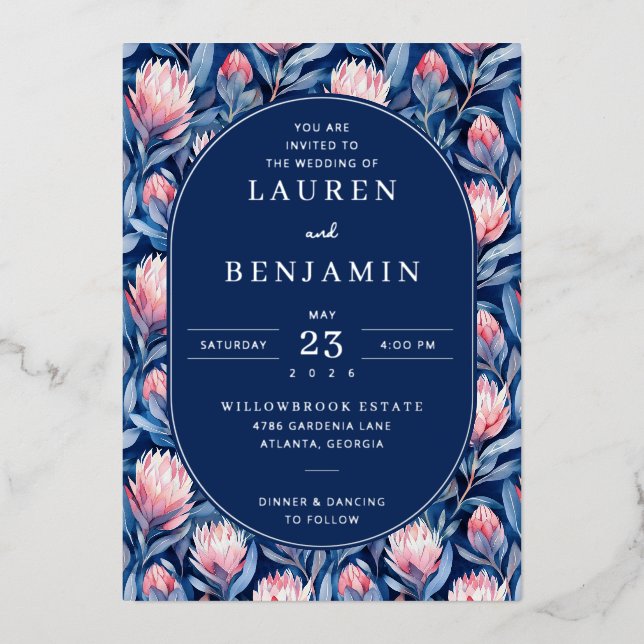 Elegant Navy Floral Wedding Invitation (Recto)