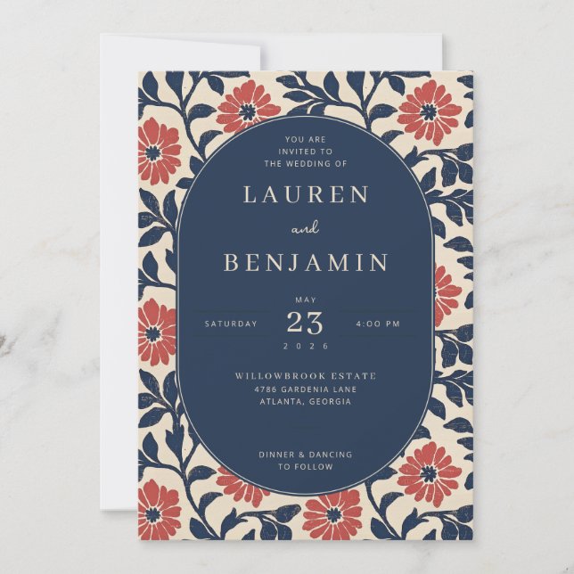 Elegant Navy Floral Wedding Invitation Einladung (Vorderseite)