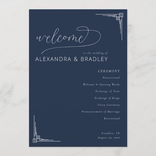 Elegant Navy Geometric Wedding Ceremony Schedule Programm (Vorderseite)
