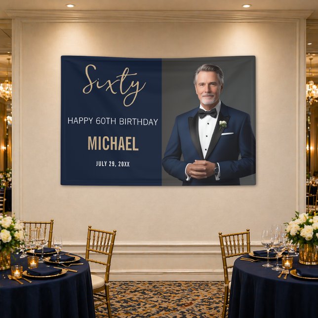 Elegant Navy Gold 60. Geburtstag Banner (Elegant navy and gold 60th birthday banner with photo for a classy and memorable celebration.)