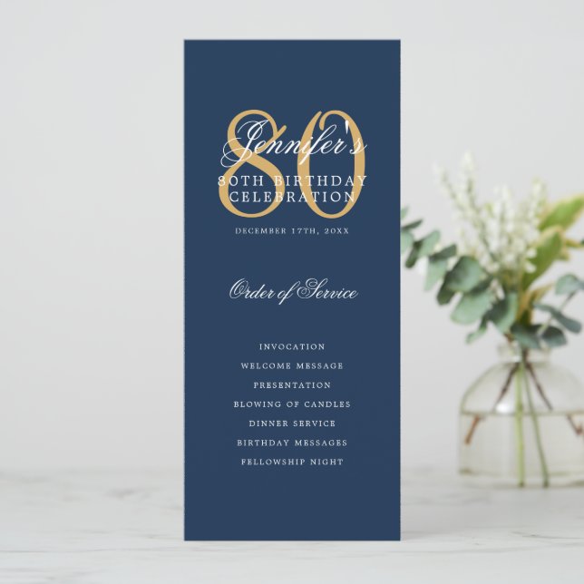Elegant Navy Gold 80. Geburtstag Programm + Menü (Stehend Vorderseite)