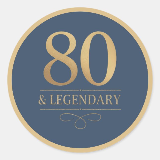 Elegant Navy & Gold 80. & Legendary Birthday Runder Aufkleber (Vorderseite)