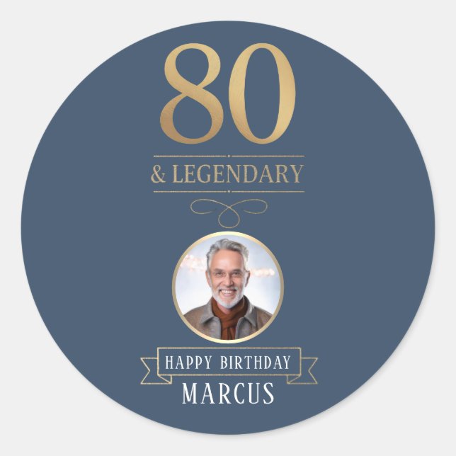 Elegant Navy & Gold 80. & Legendary Birthday Runder Aufkleber (Vorderseite)