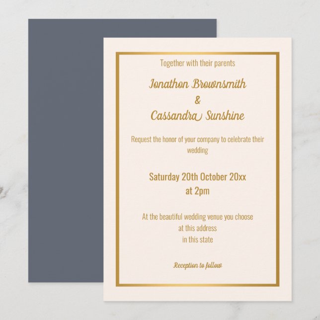 ELEGANT NAVY GOLD BLUSH NAVY REVERSE WEDSE EINLADUNG (Vorne/Hinten)