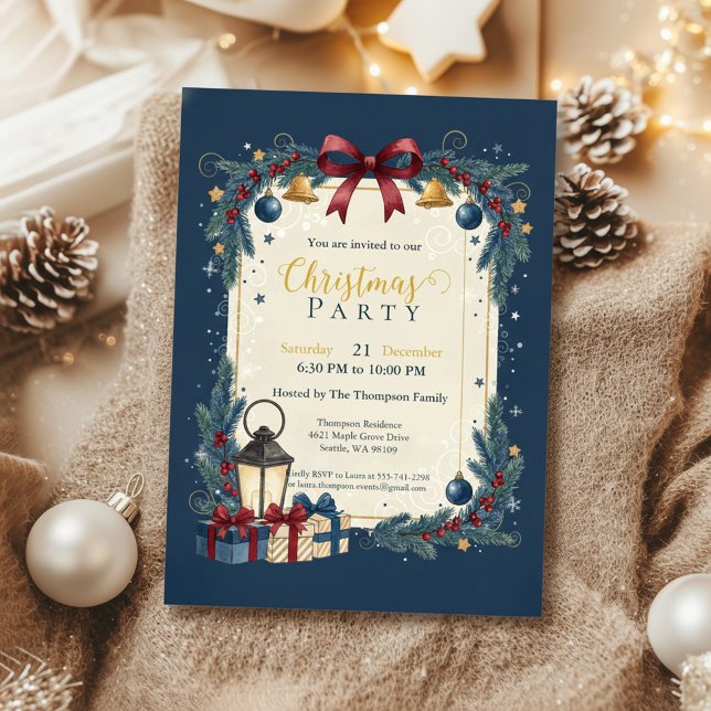 Elegant Navy Gold Christmas Party Einladung (Navy Gold Invitation
Festive Garland Card
Elegant Christmas Party
Snowflake Holiday Invite)