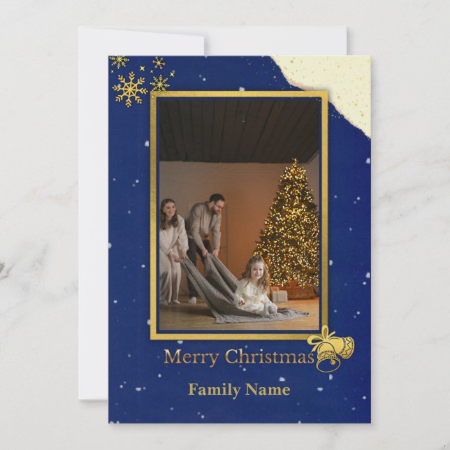 Elegant Navy & Gold Christmas Photo Card Dankeskarte (Vorderseite)
