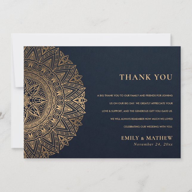 ELEGANT NAVY GOLD CLASSIC VERZIERT MANDALA WEDD DANKESKARTE (Vorderseite)
