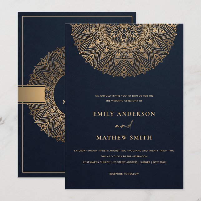ELEGANT NAVY GOLD CLASSIC VERZIERT MANDALA WEDD EINLADUNG (Vorne/Hinten)