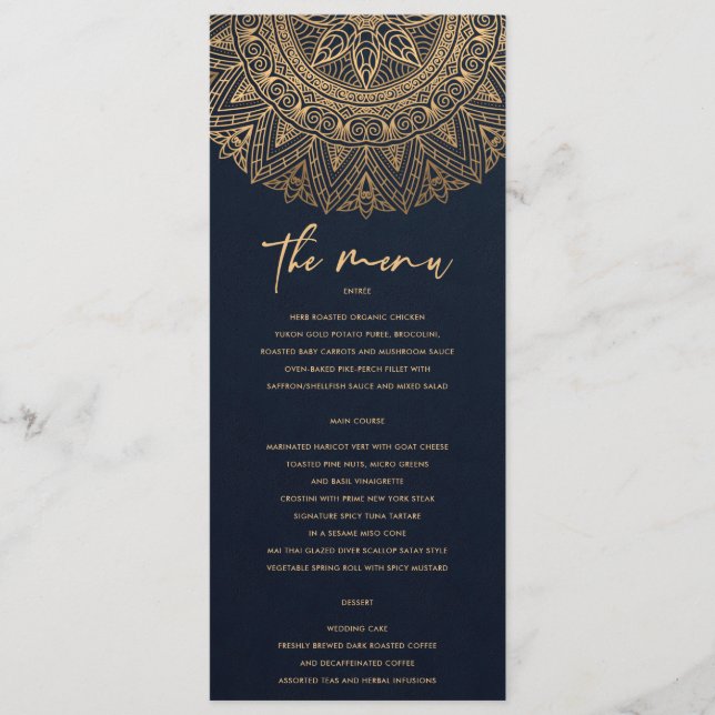 ELEGANT NAVY GOLD CLASSIC VERZIERT MANDALA WEDD MENÜKARTE (Vorderseite)