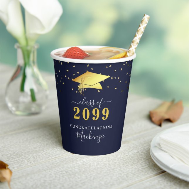 Elegant Navy Gold Confetti Script Abschluss Pappbecher (In Situ)