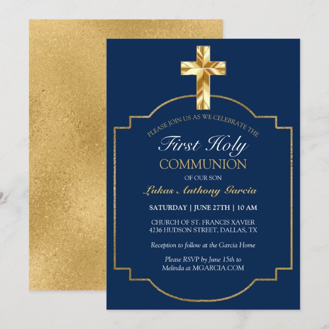 Elegant Navy Gold First Holy Communion Einladung (Vorne/Hinten)
