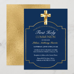 Elegant Navy Gold First Holy Communion Einladung