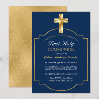 Elegant Navy Gold First Holy Communion Einladung