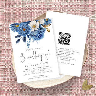 Elegant Navy Gold Florals QR Code Hochzeit Einladung