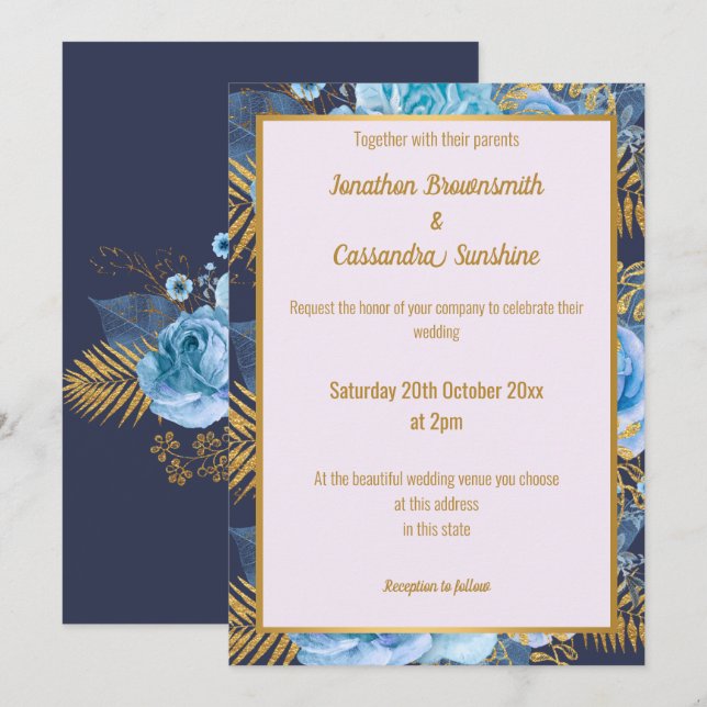 ELEGANT NAVY GOLD LILAC FLUSSBREITE EINLADUNG (Vorne/Hinten)