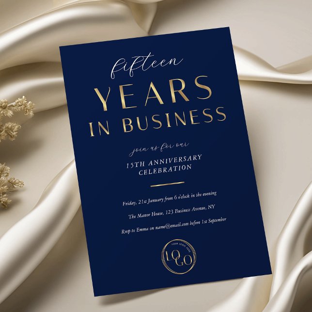 Elegant Navy & Gold Logo Business Anniversary Einladung (Von Creator hochgeladen)