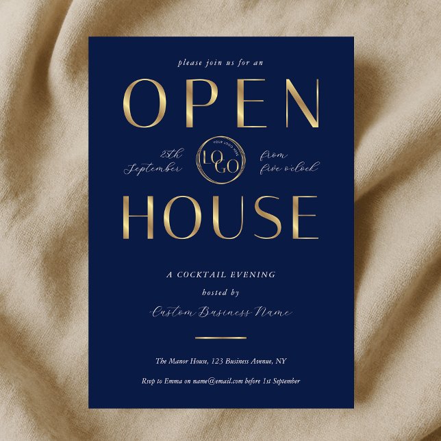 Elegant Navy & Gold Logo Business Open House Einladung (Von Creator hochgeladen)