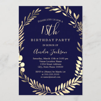 Elegant Navy Gold Watercolor 18. Geburtstag Einladung