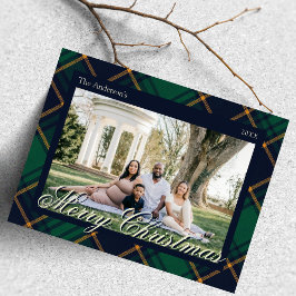 Elegant Navy Green Plaid Christmas Feiertagspostkarte