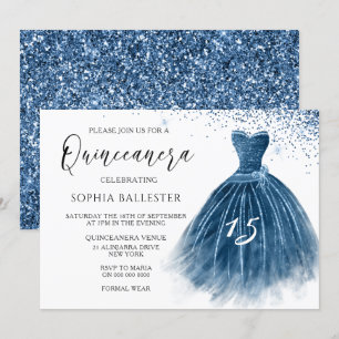 Elegant Navy Indigo Glitzer Gown Quinceanera Party Einladung