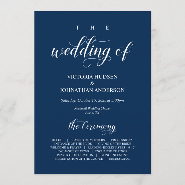 Elegant Navy Klassenskript, Hochzeitfeiertag Progr Programm (Vorderseite)